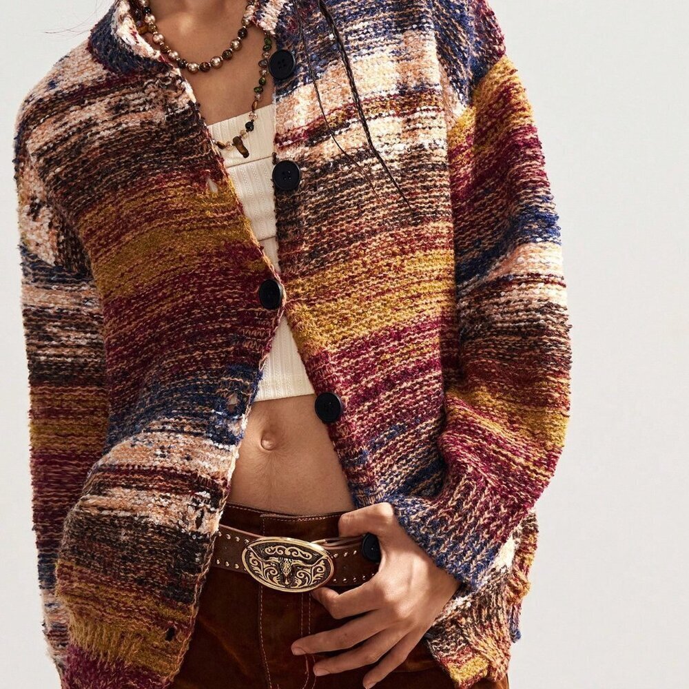Multicolor Casual Women's Marble Knitted Oversized Cardigan